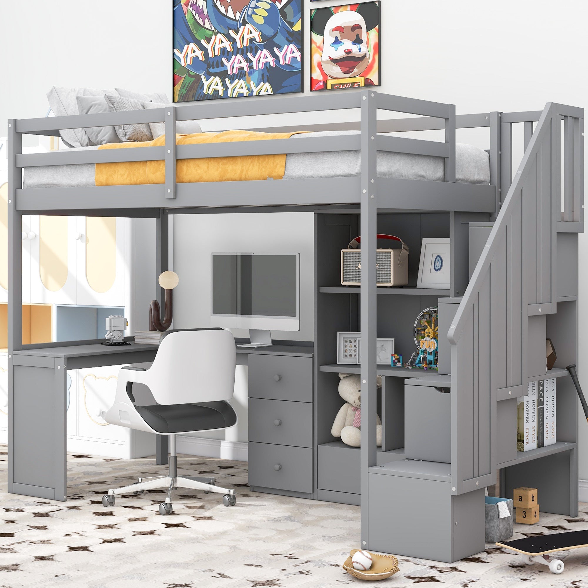 Gray Twin Size Loft Bed with L-Shaped Desk, Drawers, Cabinet and Storage Stai...