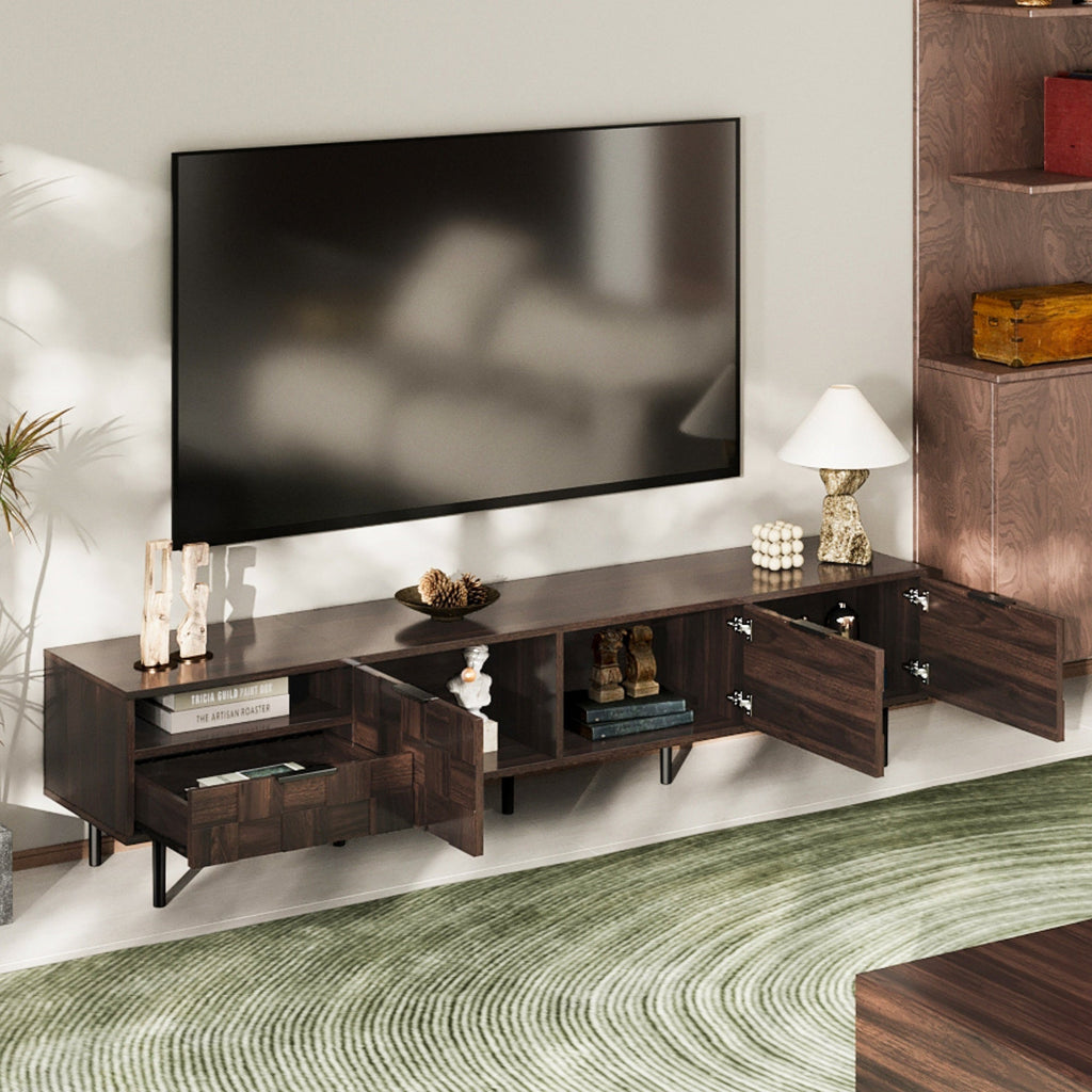 TV Stand Mid-Century Walnut MDF Soft-Close Doors Fits 85 In TV 78.7 In