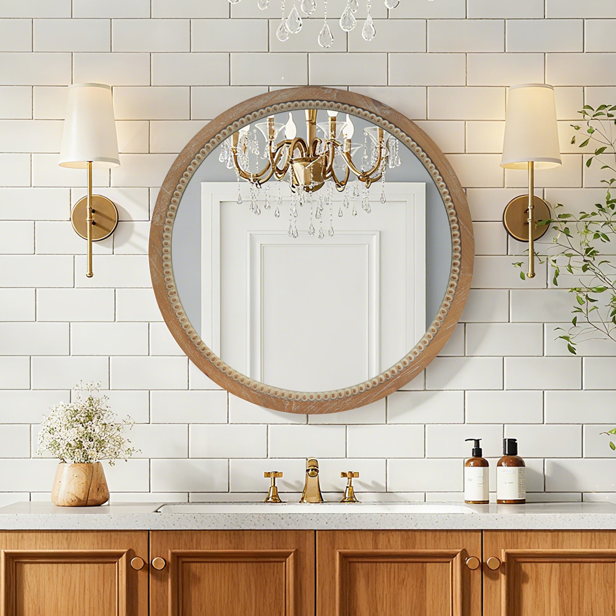Round Beaded Wood Wall Mirror 23.62" Farmhouse Rustic