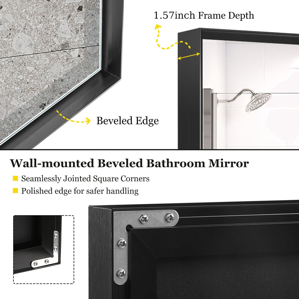 40x30" Glossy Black Bathroom Vanity Mirror Rectangle Wall Mount