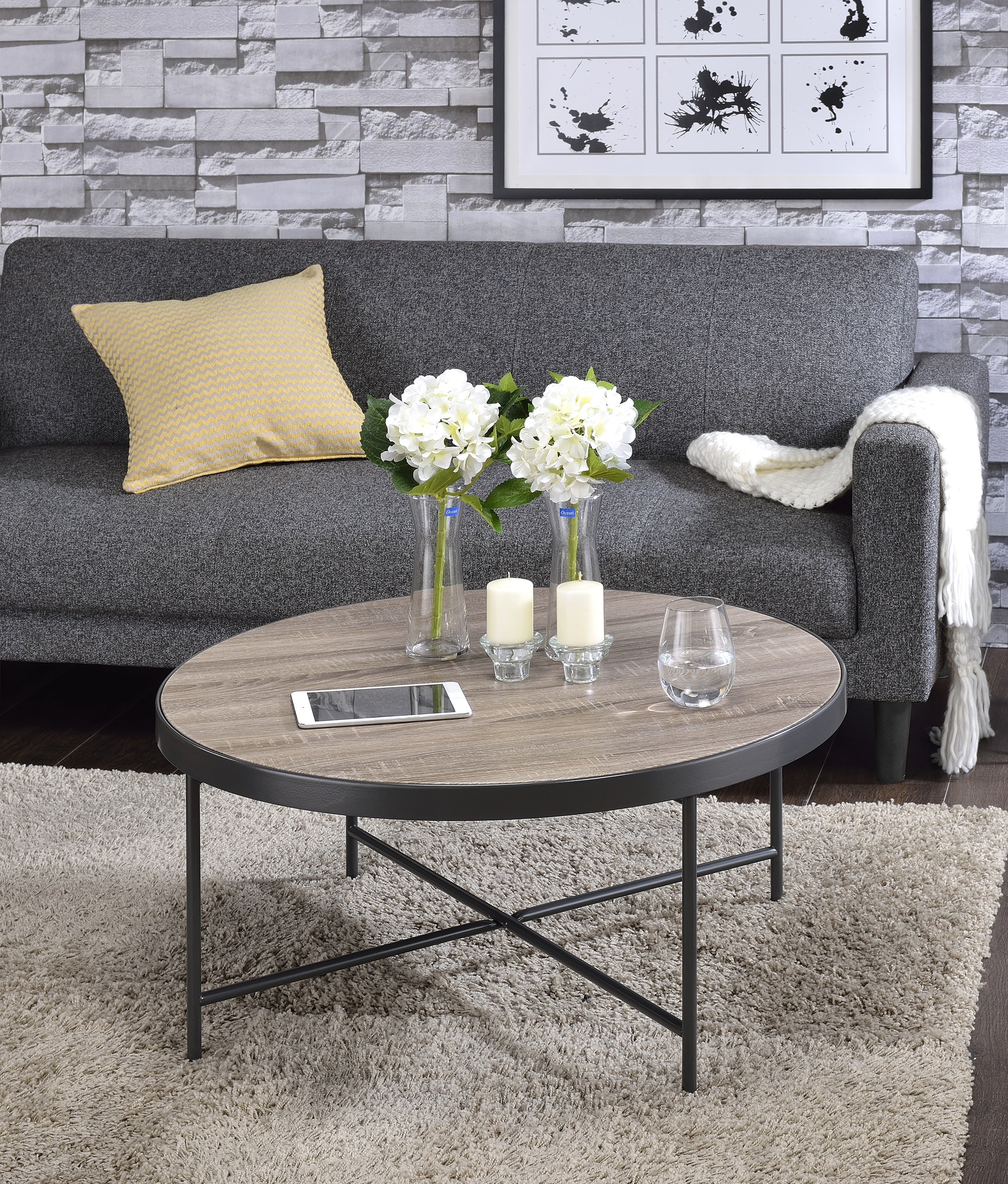 Weathered Gray Oak and Metal Coffee Table