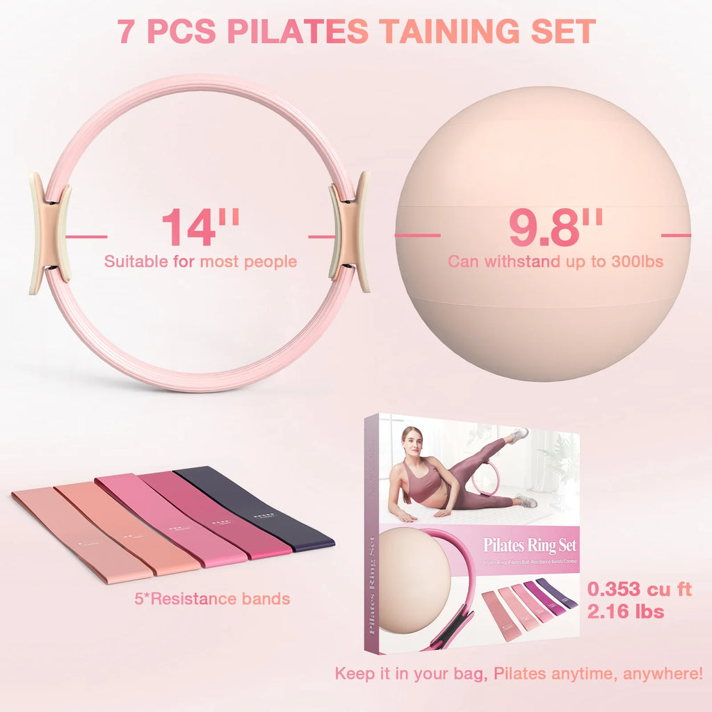 14" Pilates Ring Set Fitness Circle w/ Mini Ball Resistance Bands Workout