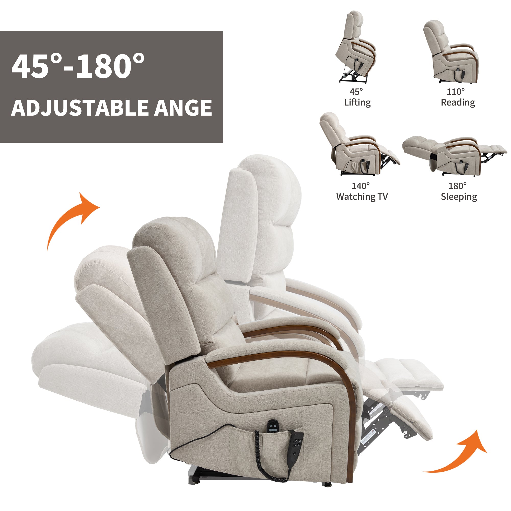 Power Beige Chenille Lift Recliner Chair Dual Motor 350 LBS