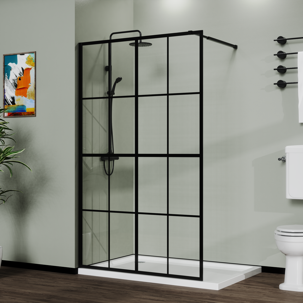 46' X 72' Shower Screen for Walk-in Wet-room Black Full-frame 4 Tempered Glass