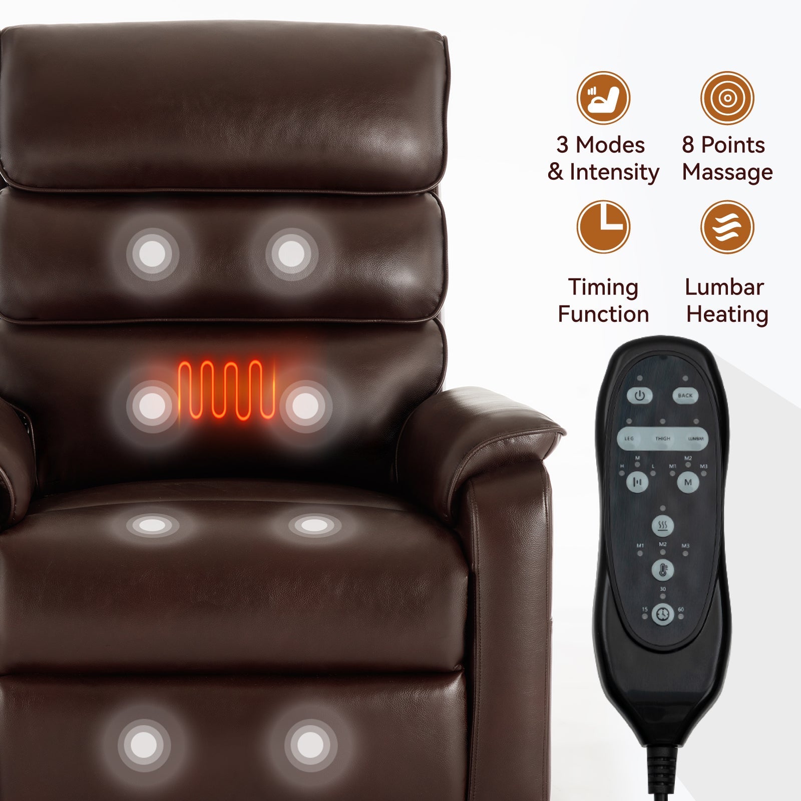 Brown Leather Power Lift Recliner Chair 350 LBS Heat Massage