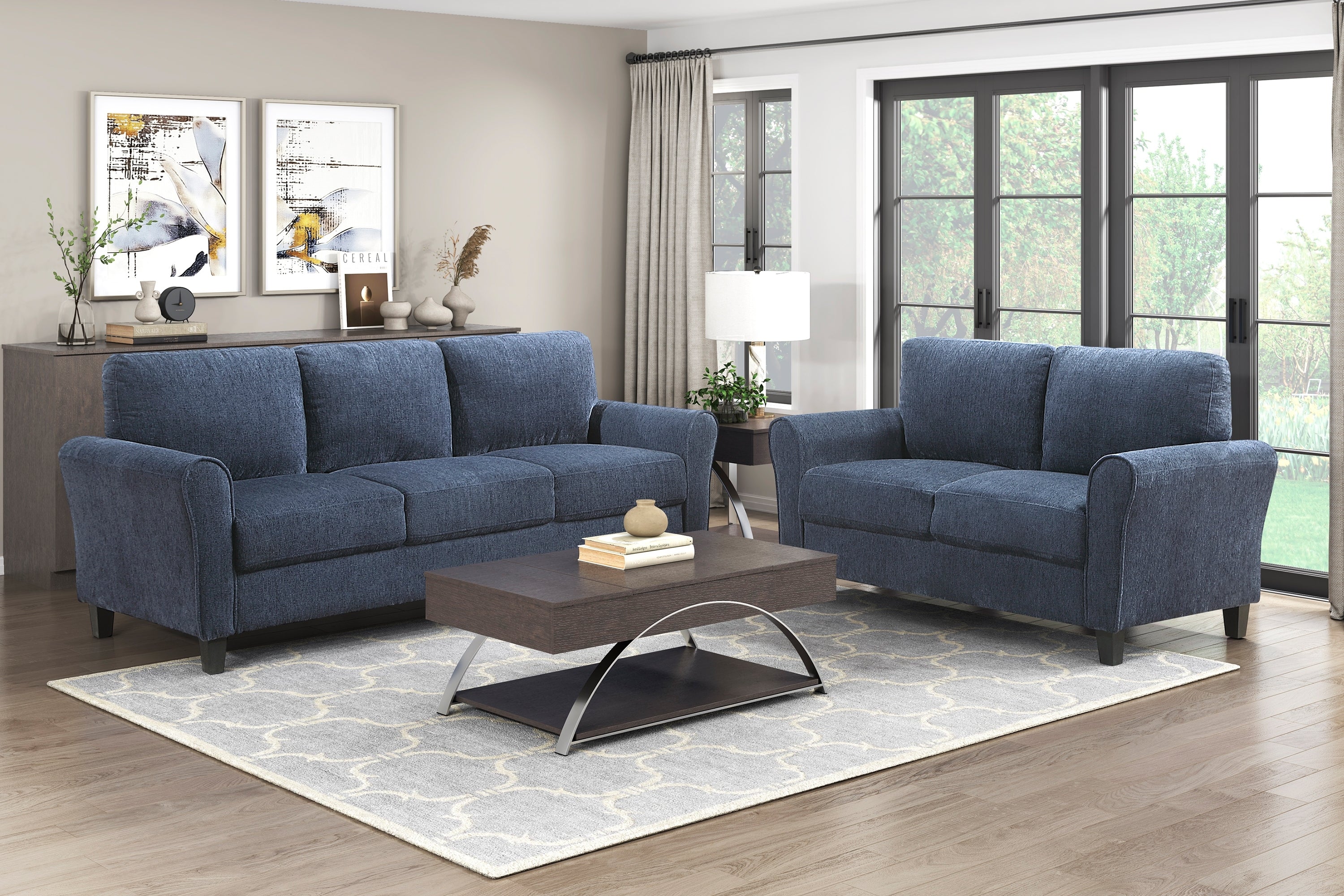 Blue Chenille 2-Seater Love Seat Plush Foam Padded Coils