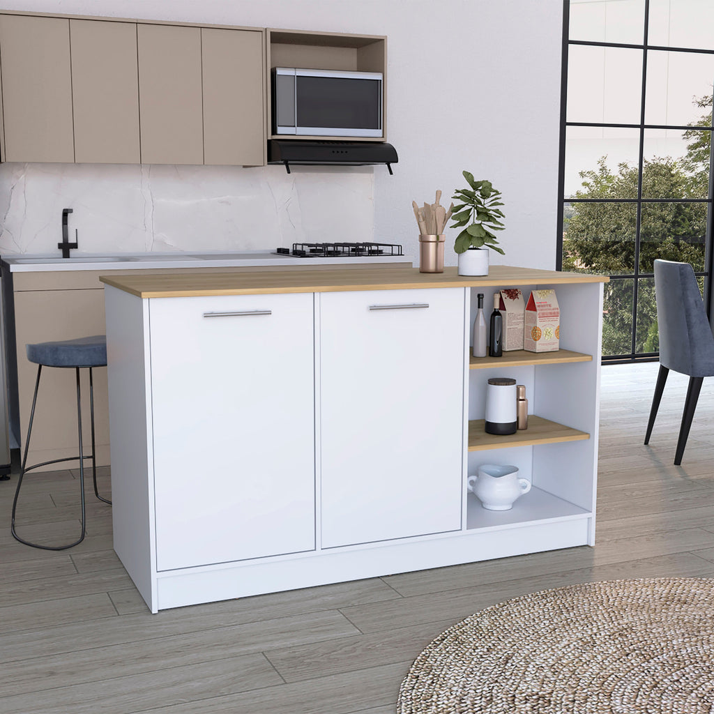 Ginger Kitchen Island with 3 Shelves and 2-Door Cabinets