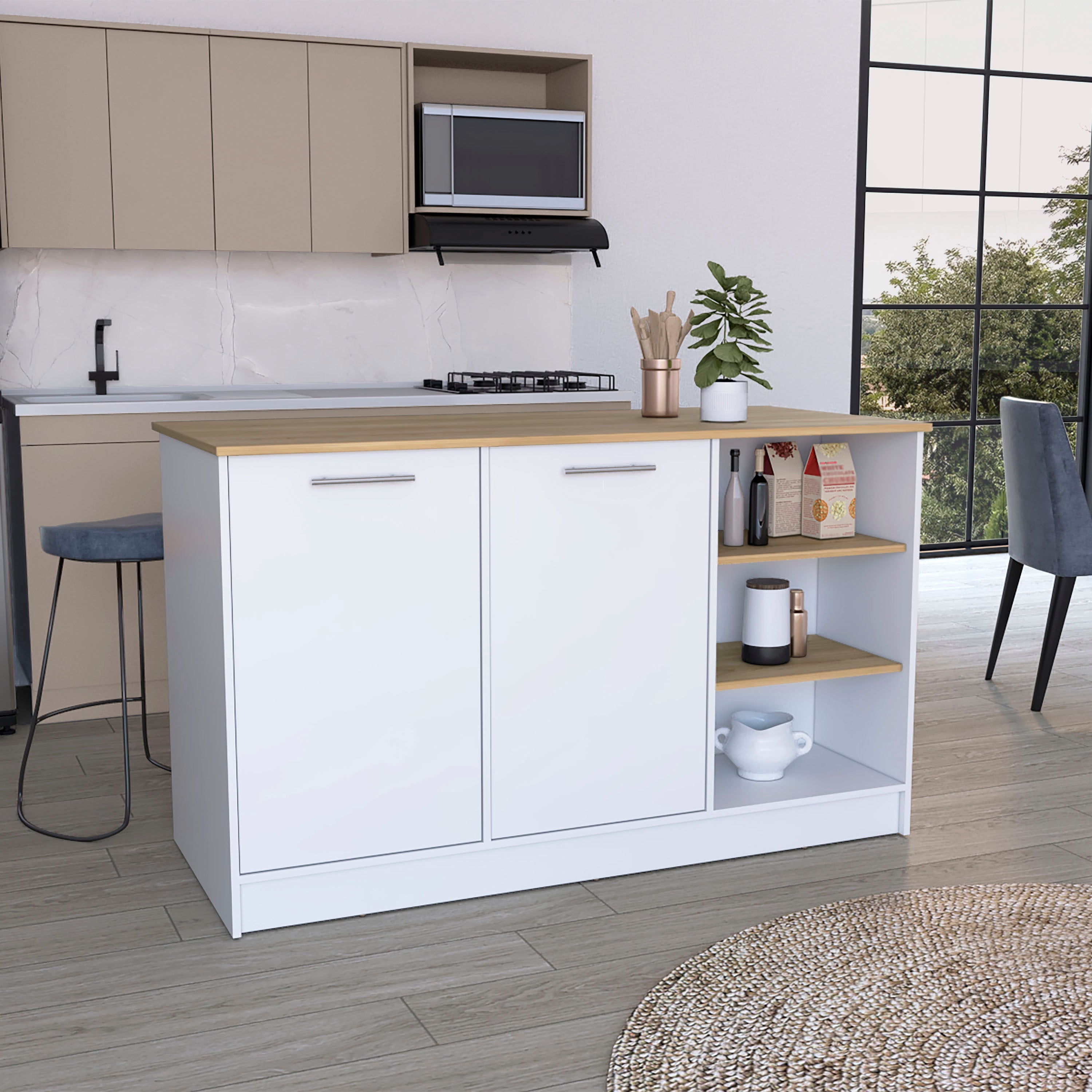 Ginger Kitchen Island with 3 Shelves and 2-Door Cabinets