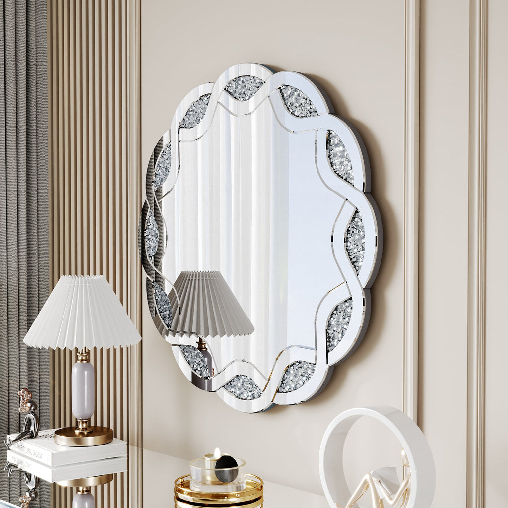31.5" Silver Wave Diamond Round Wall Mirror