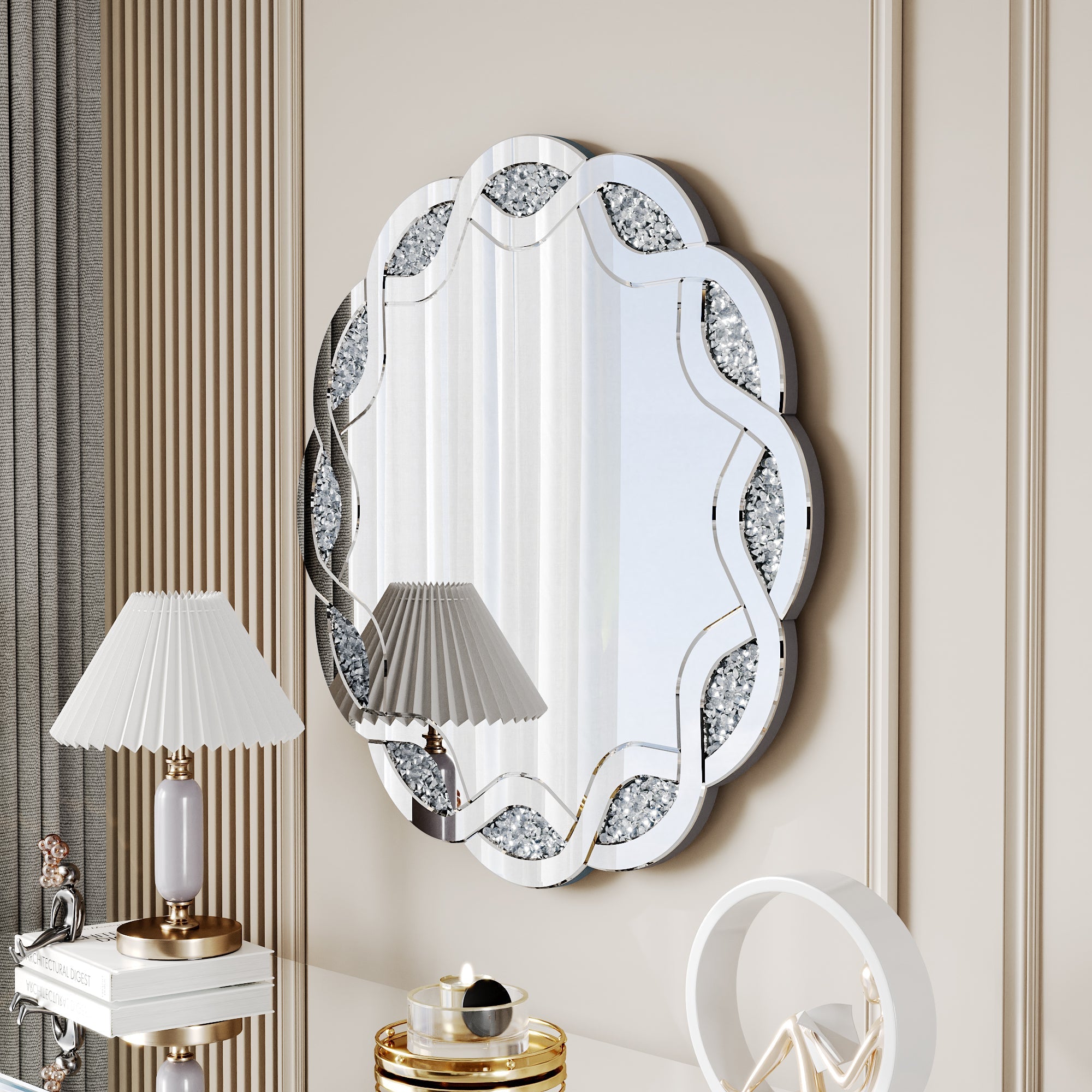 31.5" Silver Wave Diamond Round Wall Mirror