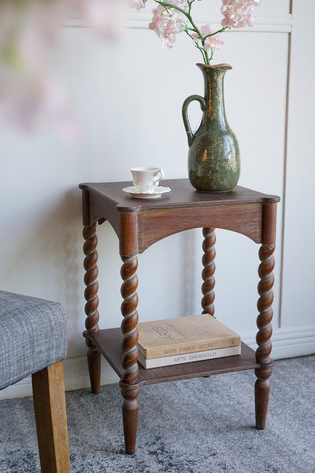 Distressed Brown Wood Side Table Spiral Legs Shelf