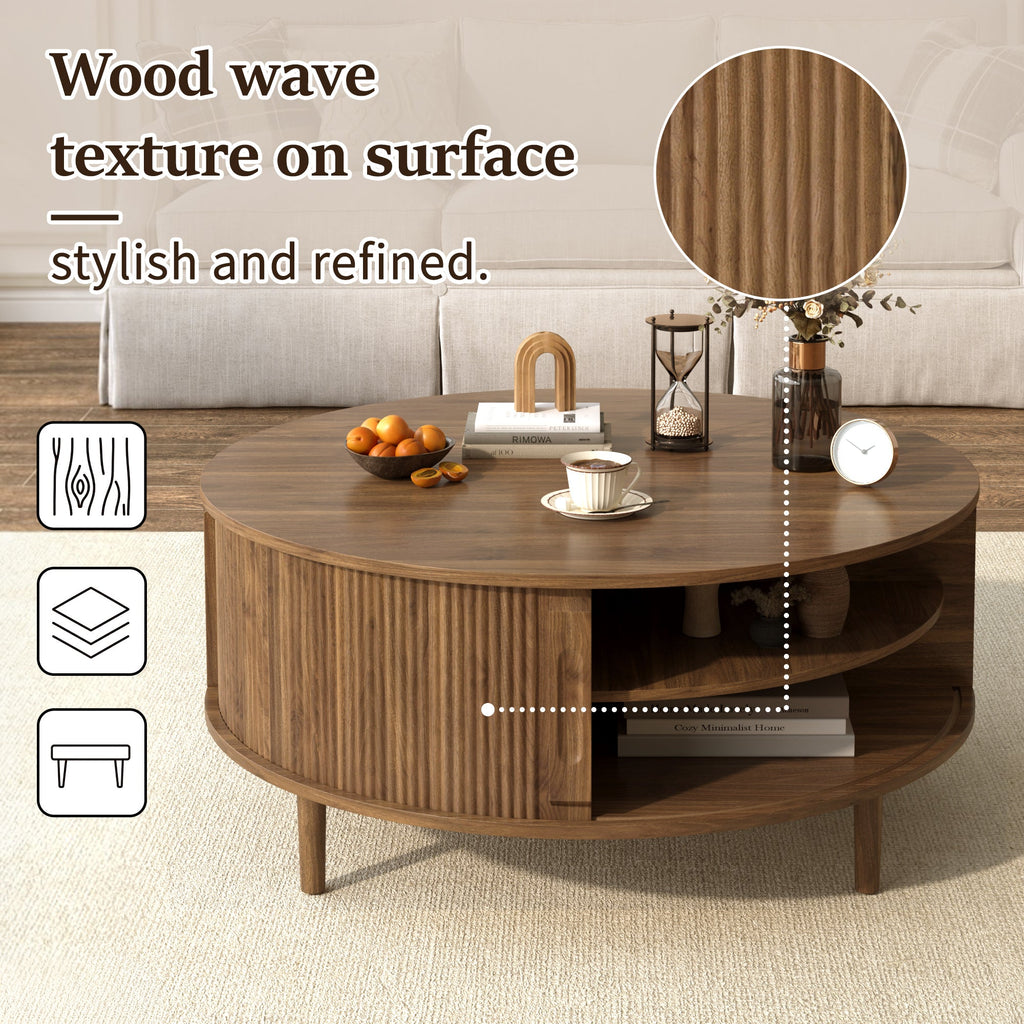Round Lift-Top Coffee Table with Hidden Storage Sliding Door