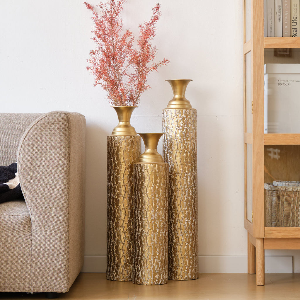 Set of 3 Gold Distressed Metal Vases with Vine Pattern 34