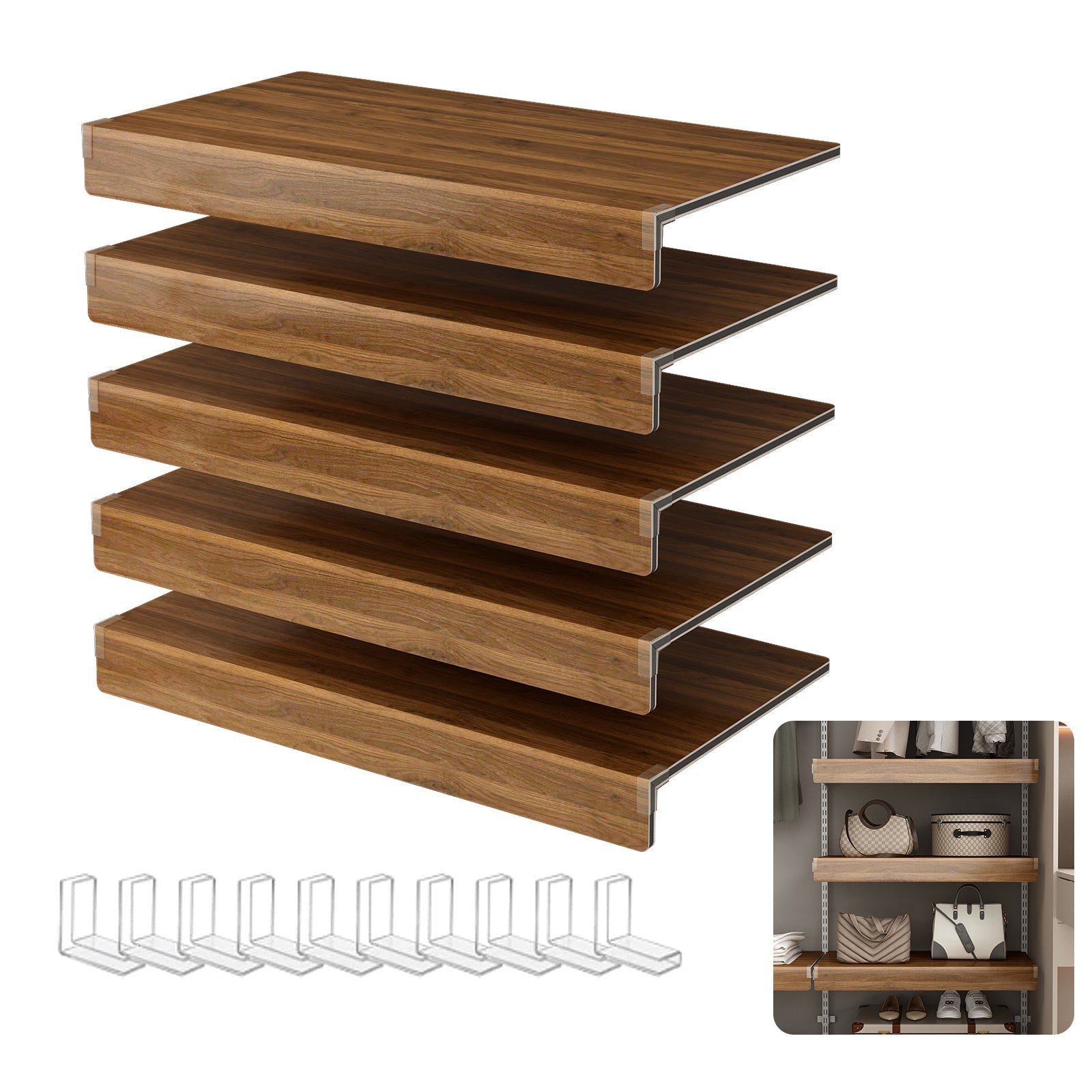 Walnut Foamed PVC Wire Shelf Covers, 5 Piece Set