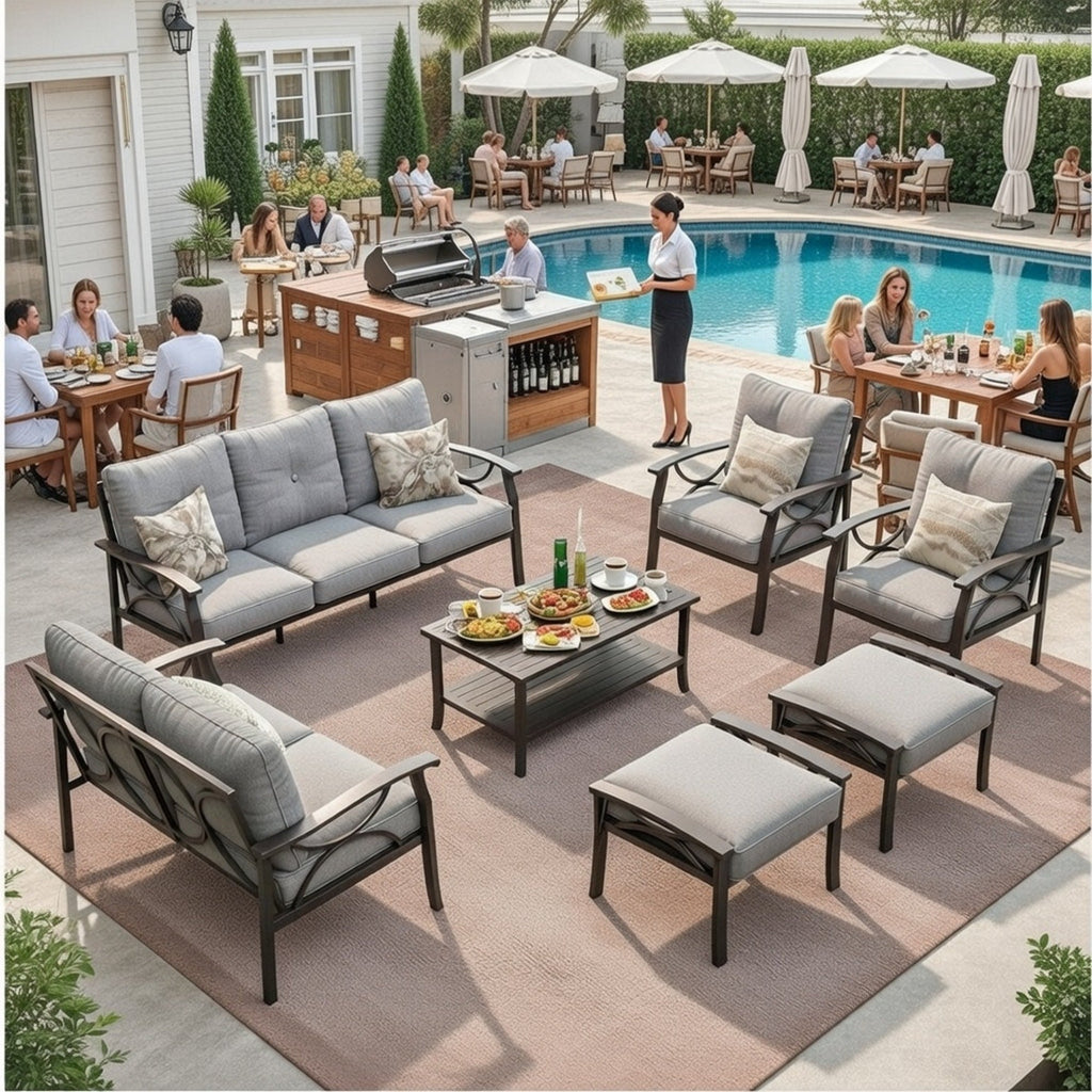 Outdoor Patio Set Steel 7 Piece Seats 9 Khaki Gray