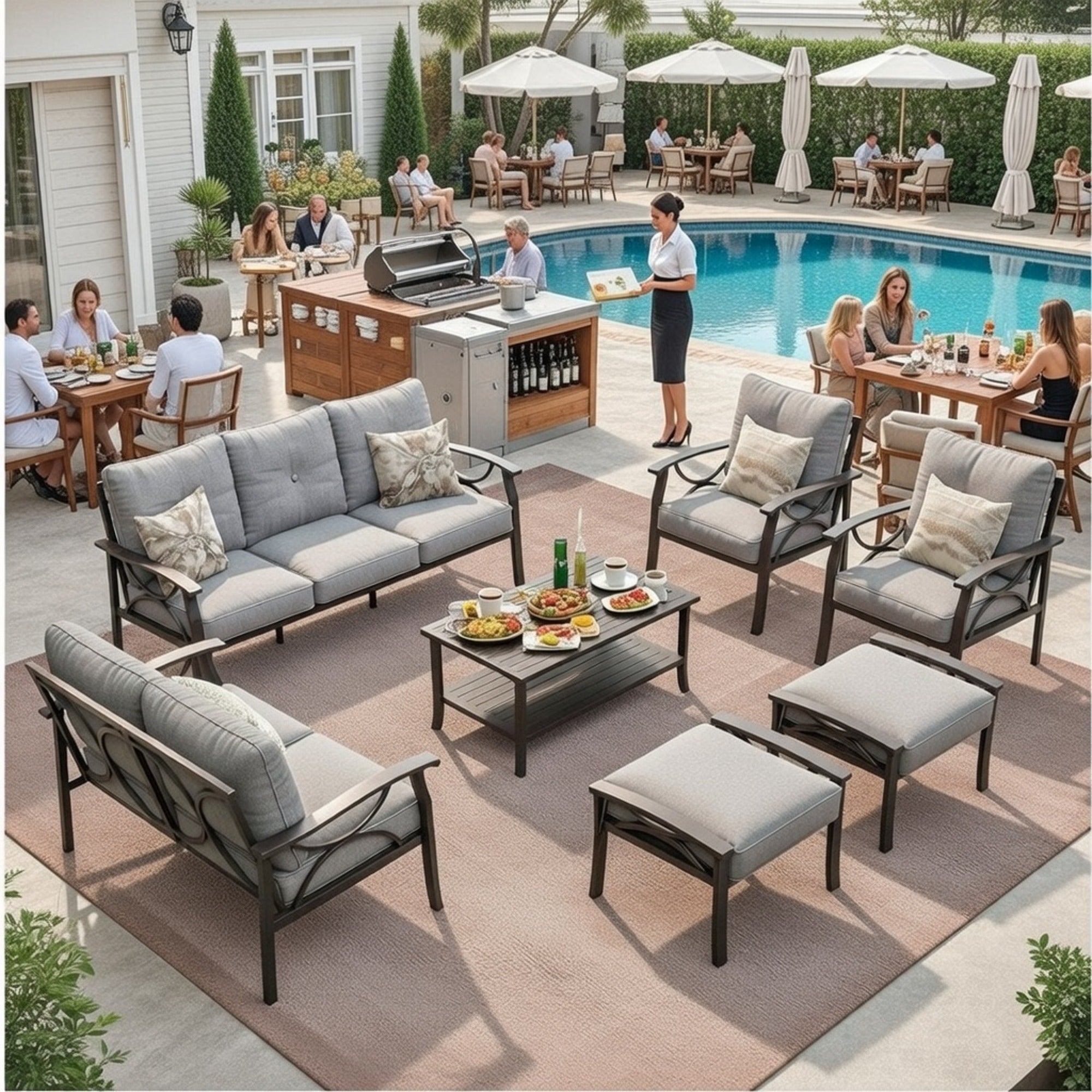 Outdoor Patio Set Steel 7 Piece Seats 9 Khaki Gray