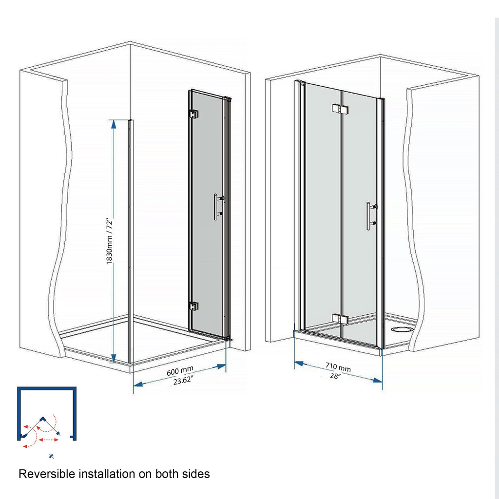 Bifold Shower Door 29-28" x 72" 6mm Tempered Glass Matte Black