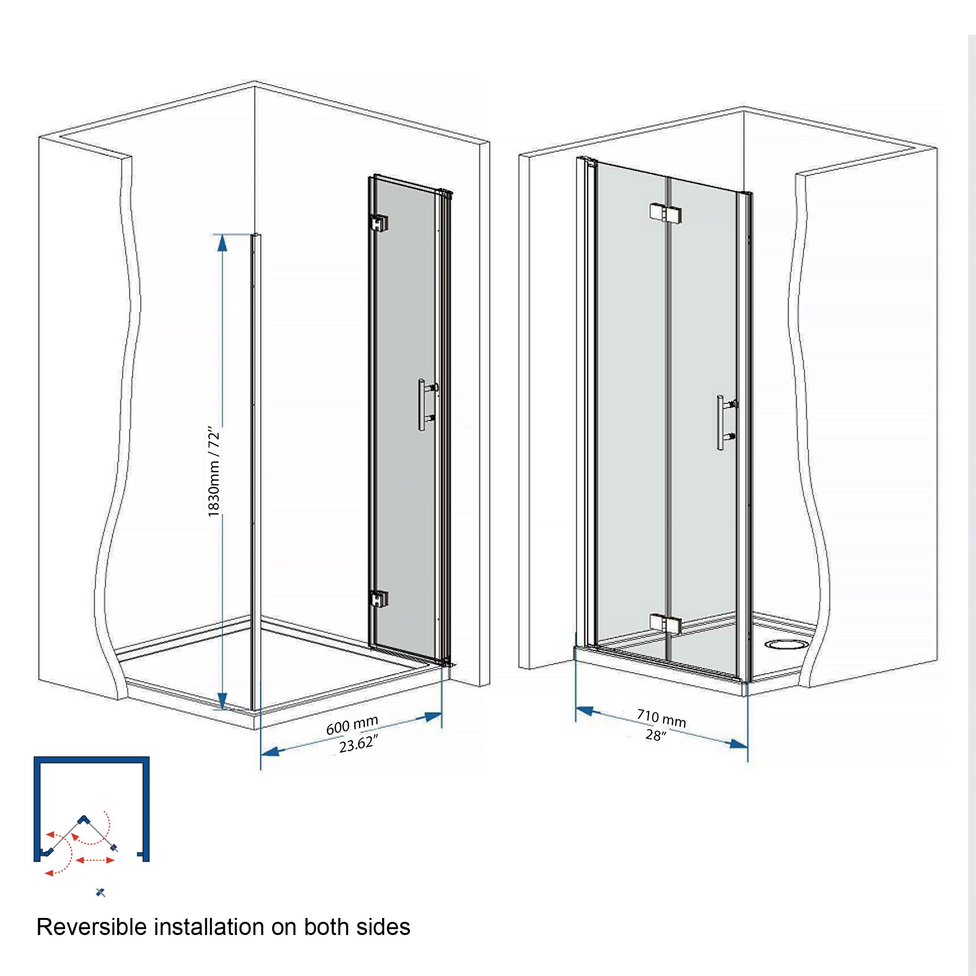 Bifold Shower Door 29-28" x 72" 6mm Tempered Glass Matte Black