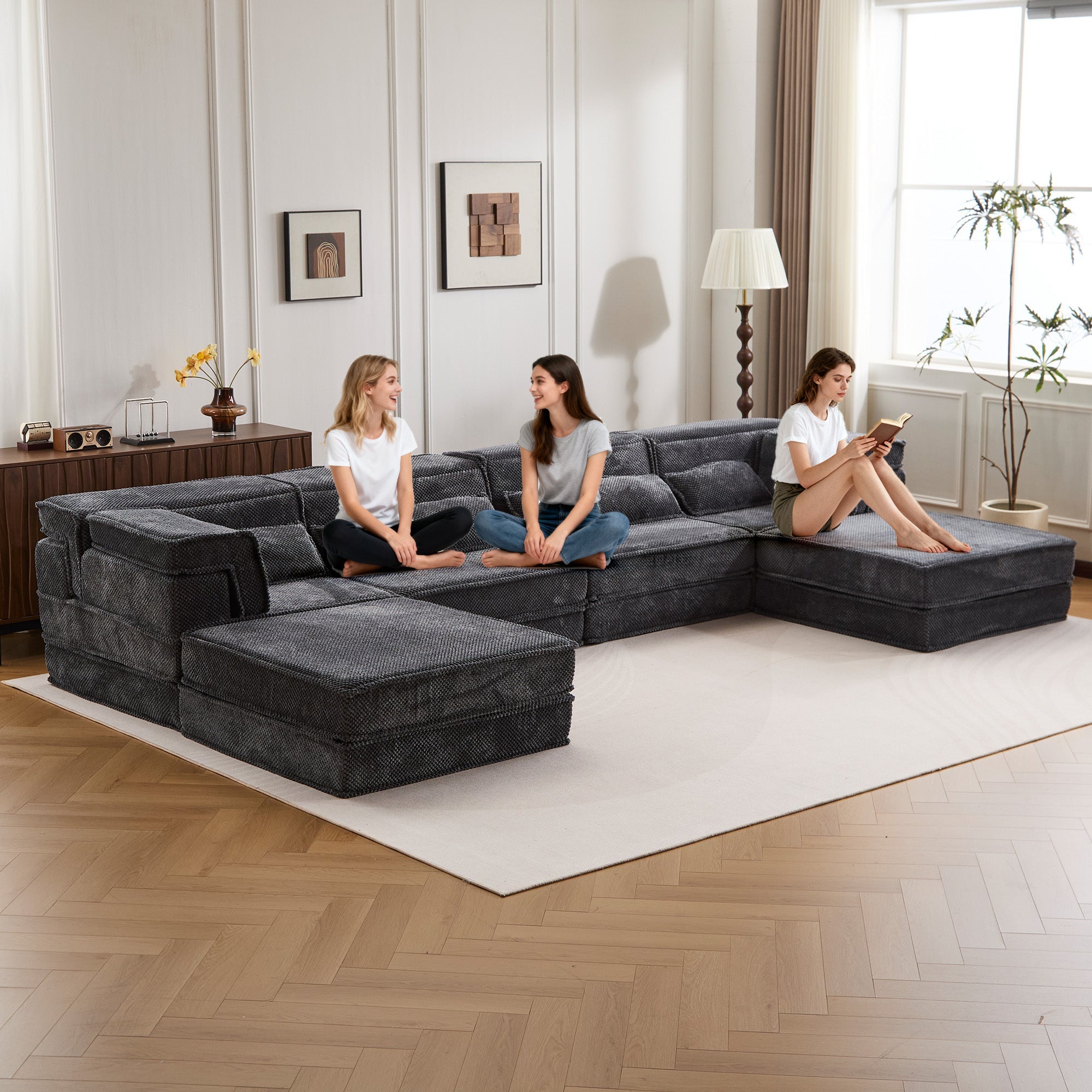 Sectional Sofa Bed Modular Circle Fleece Dark Gray 4 Seat 157 In Convertible