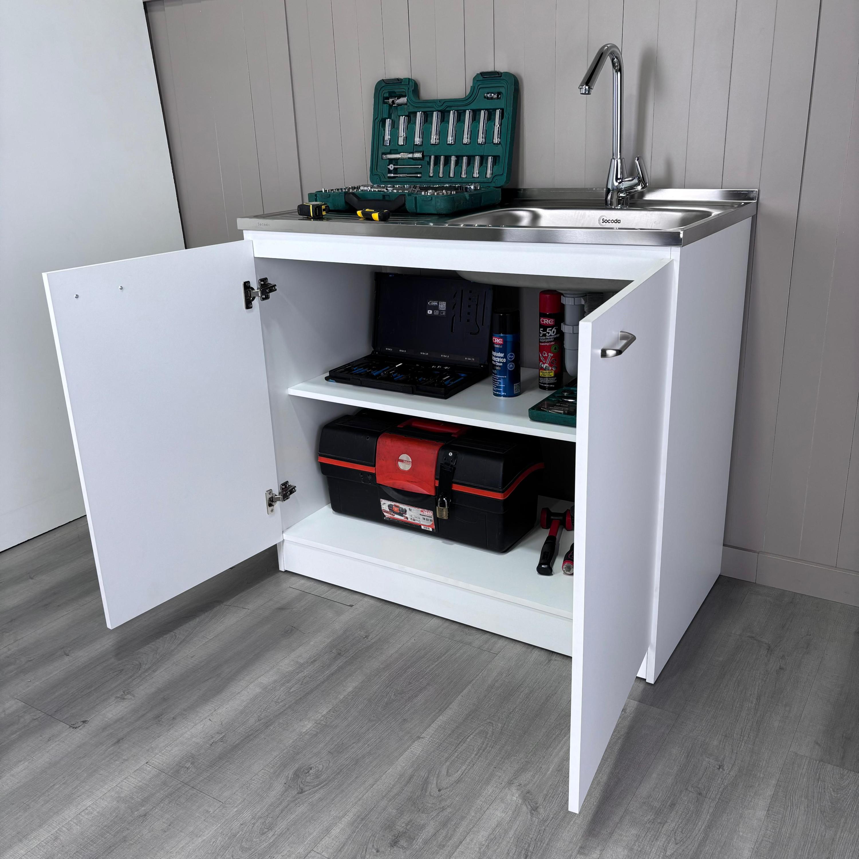 White Double Door Utility Sink Cabinet with Shelf