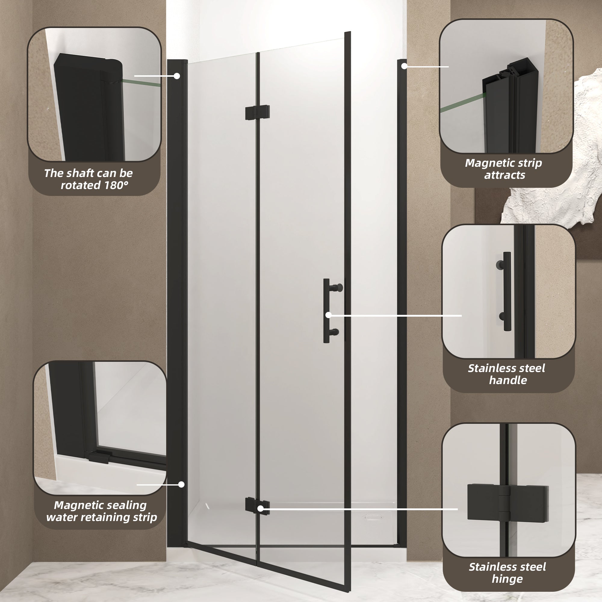 Bifold Shower Door 29-28" x 72" 6mm Tempered Glass Matte Black