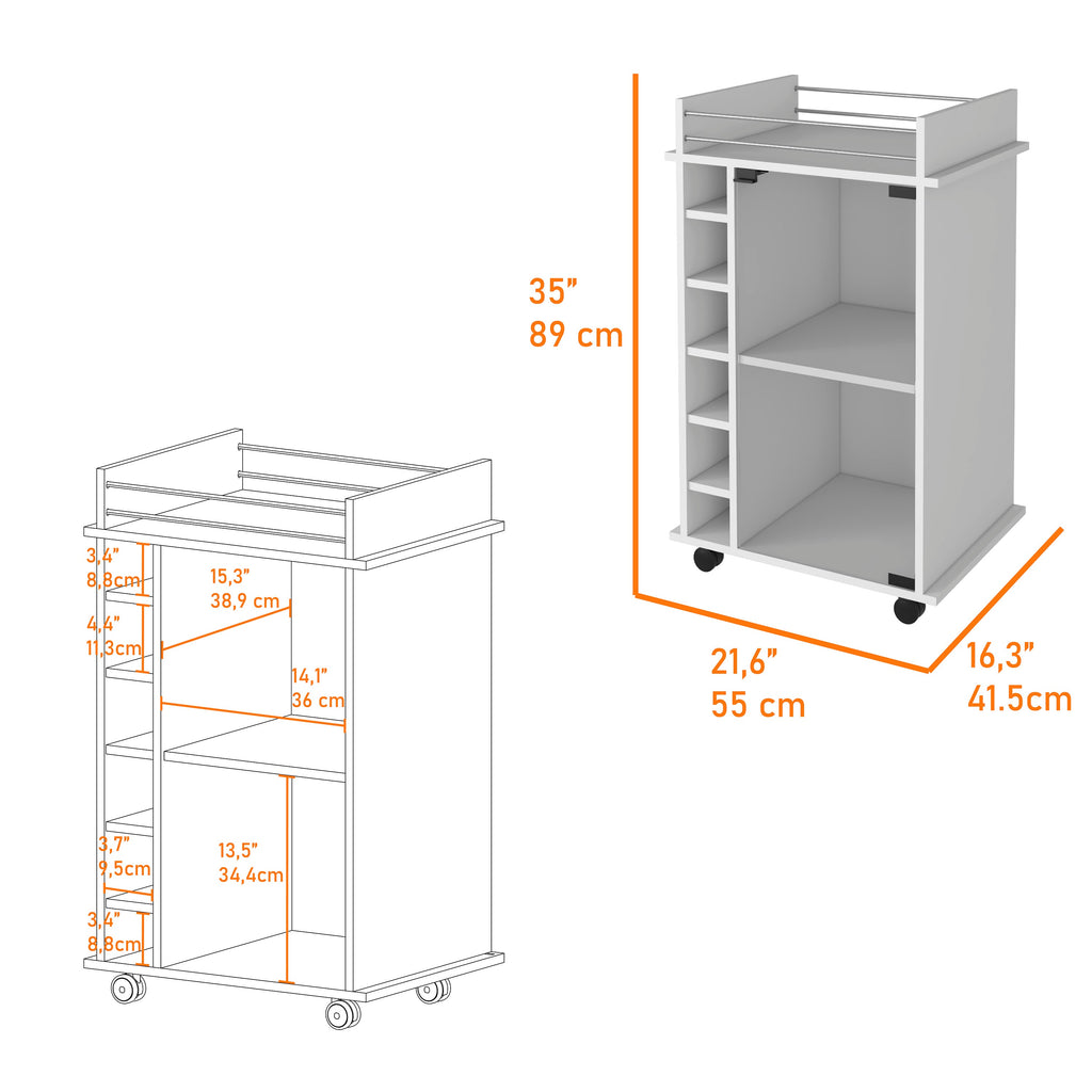 White Bar Cart Two Shelves Wine Rack Four Casters