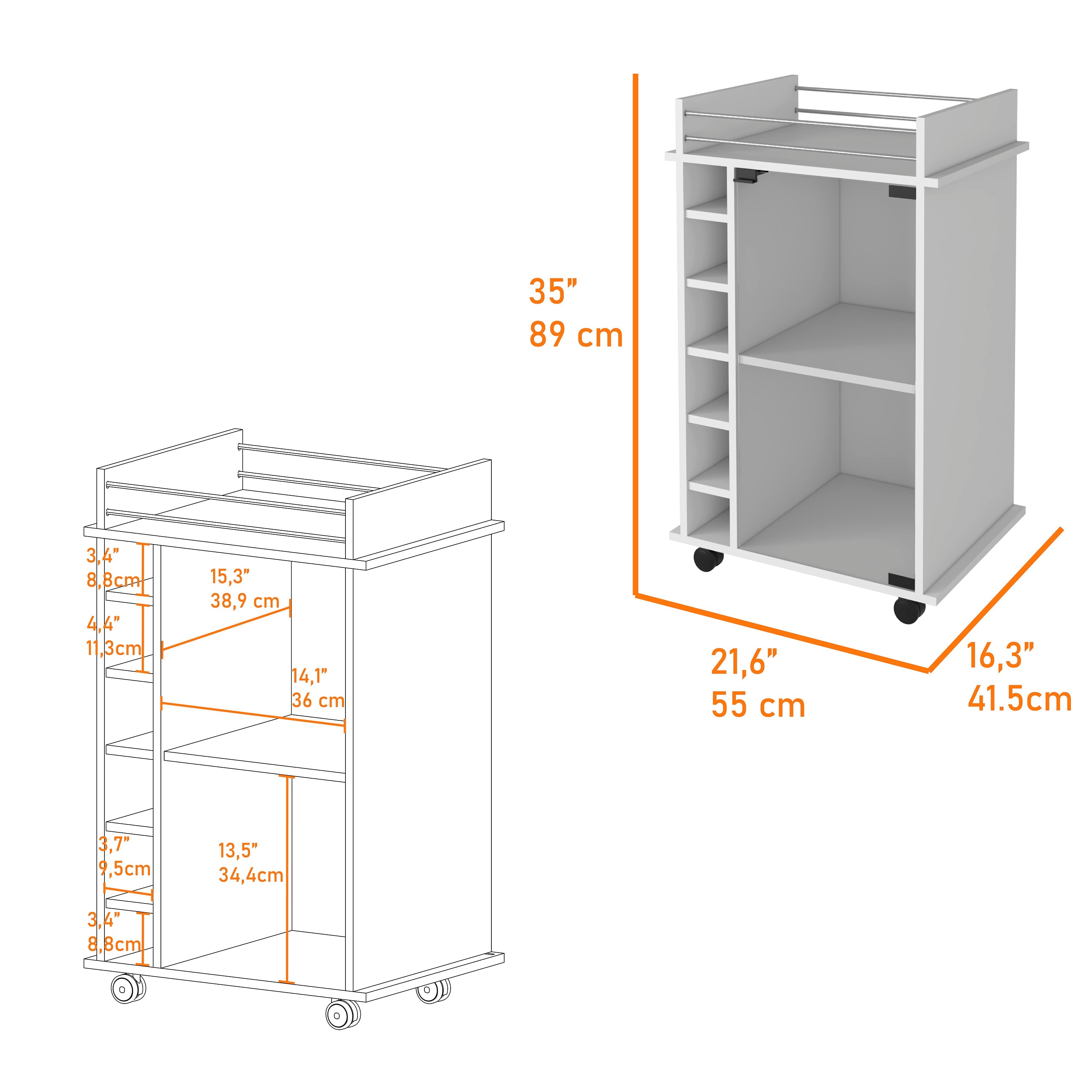 White Bar Cart Two Shelves Wine Rack Four Casters