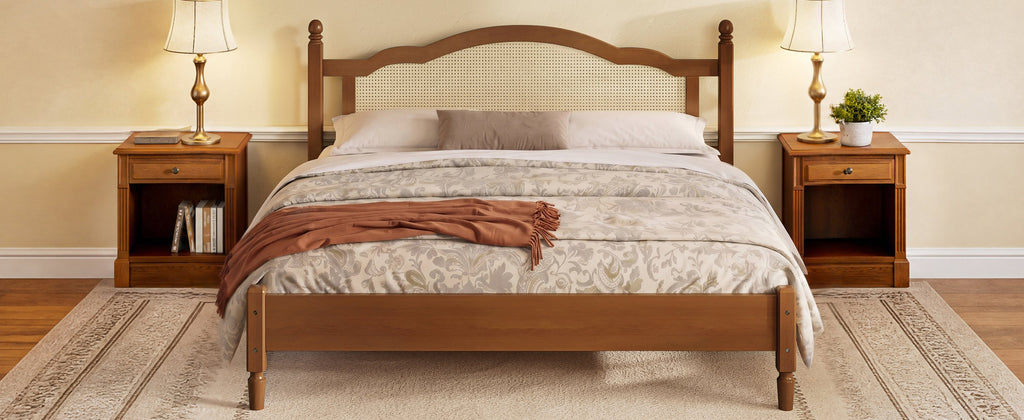 King Size Walnut Wooden Platform Bed with Rattan Headboard