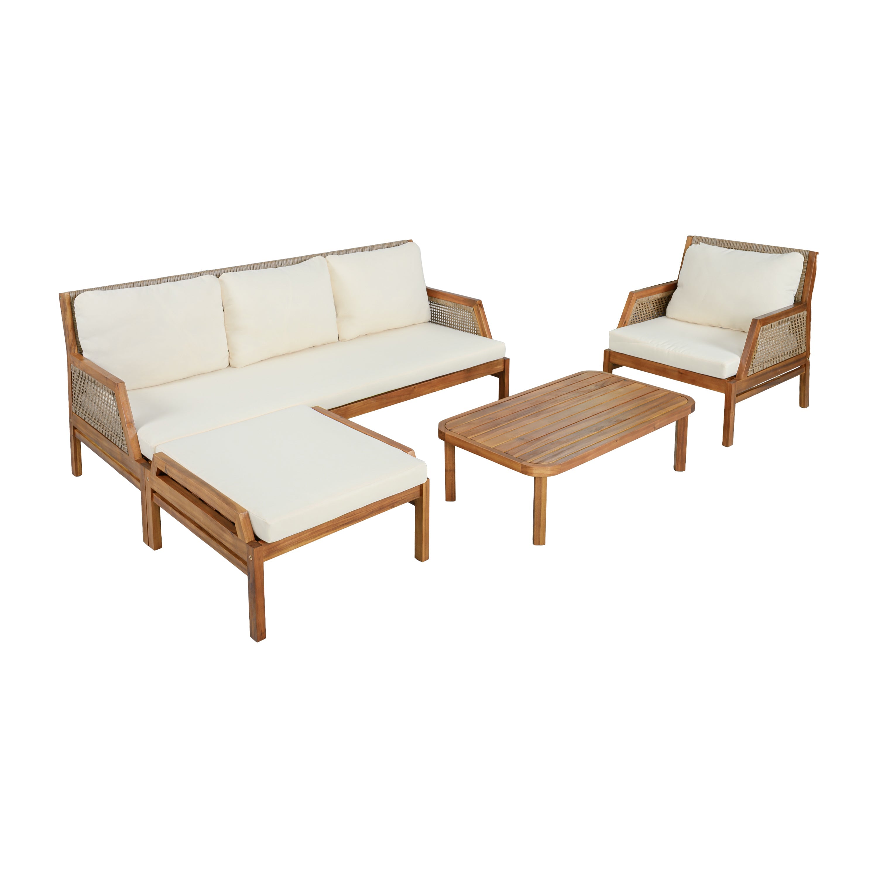 4 Piece Acacia Wood Patio Sectional Sofa Set with Coffee Table