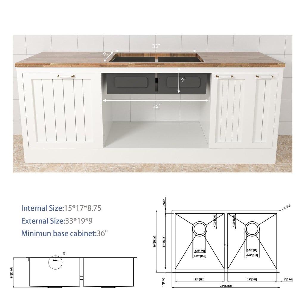 Brushed Nickel Undermount Double Bowl Kitchen Sink 33x19 16 Gauge