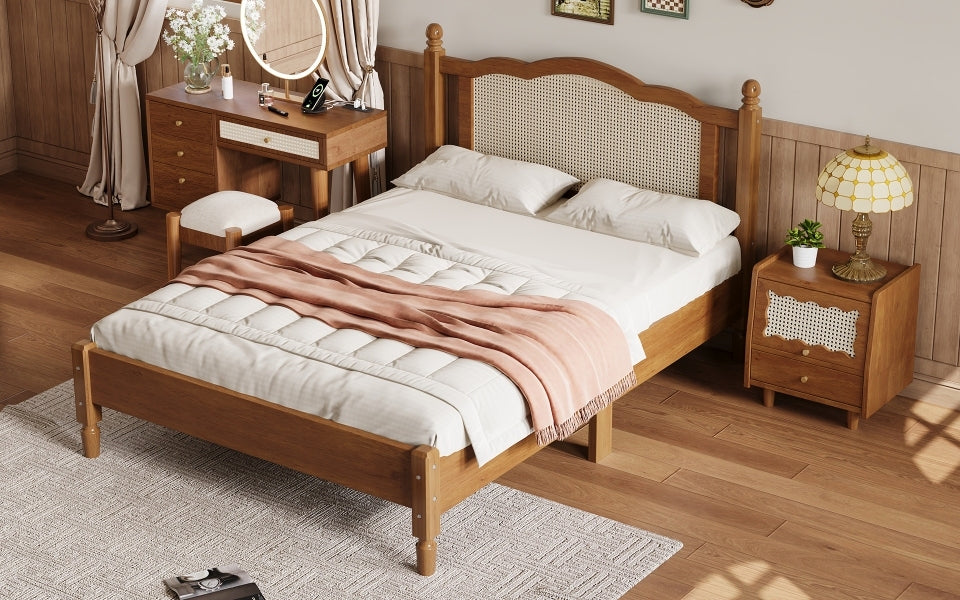 Full Size Wooden Platform Bed with Rattan Headboard
