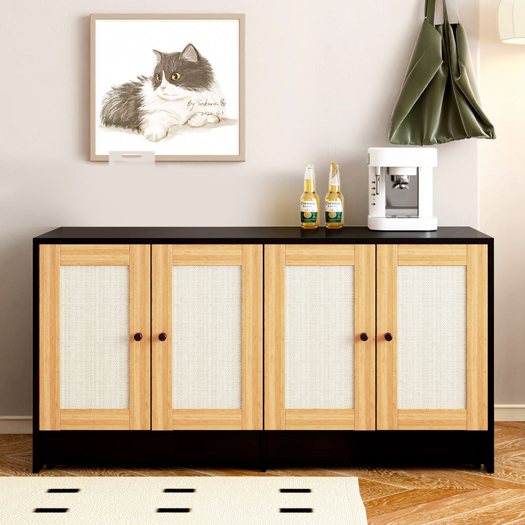 Black Double Litter Box Enclosure with Rattan Doors