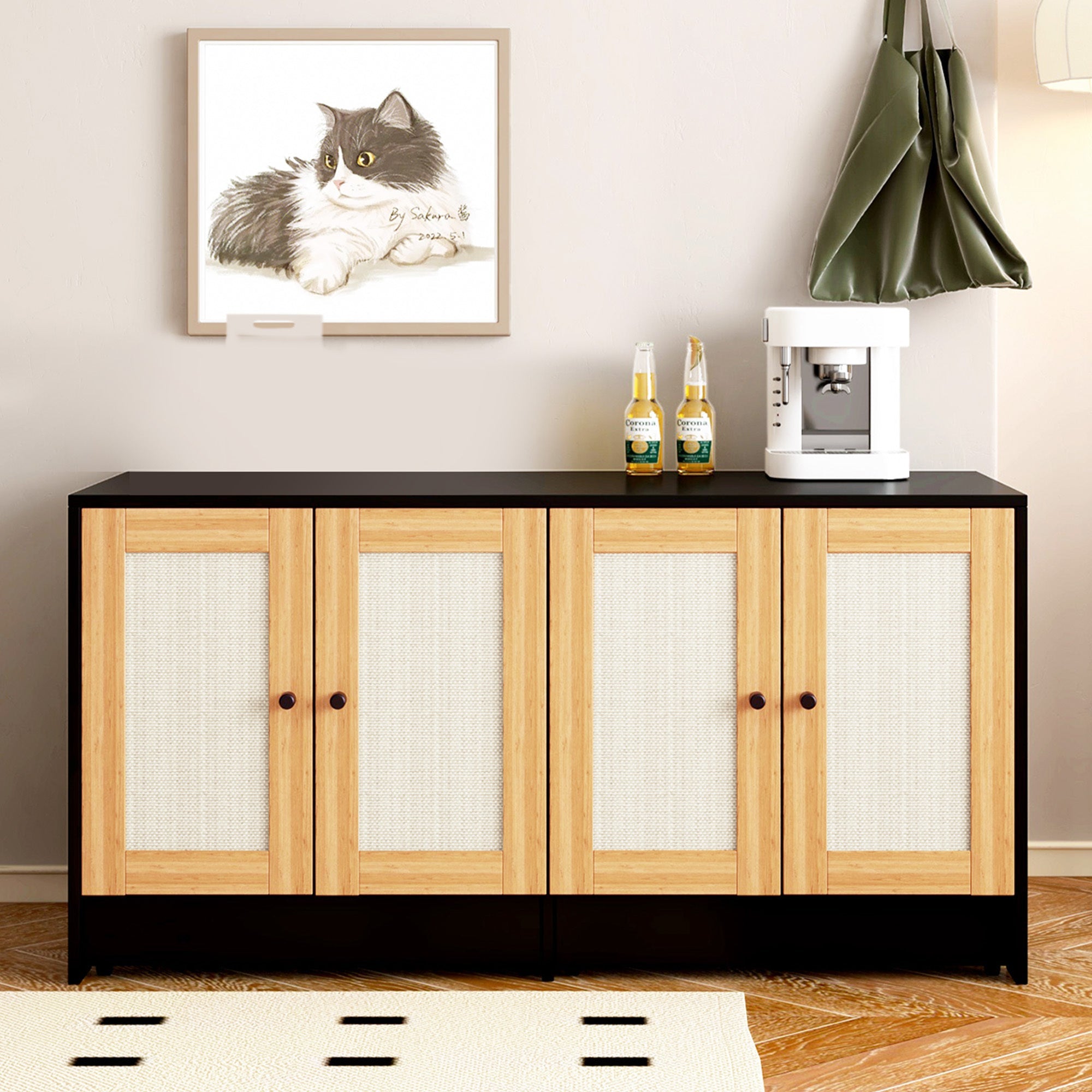 Black Double Litter Box Enclosure with Rattan Doors