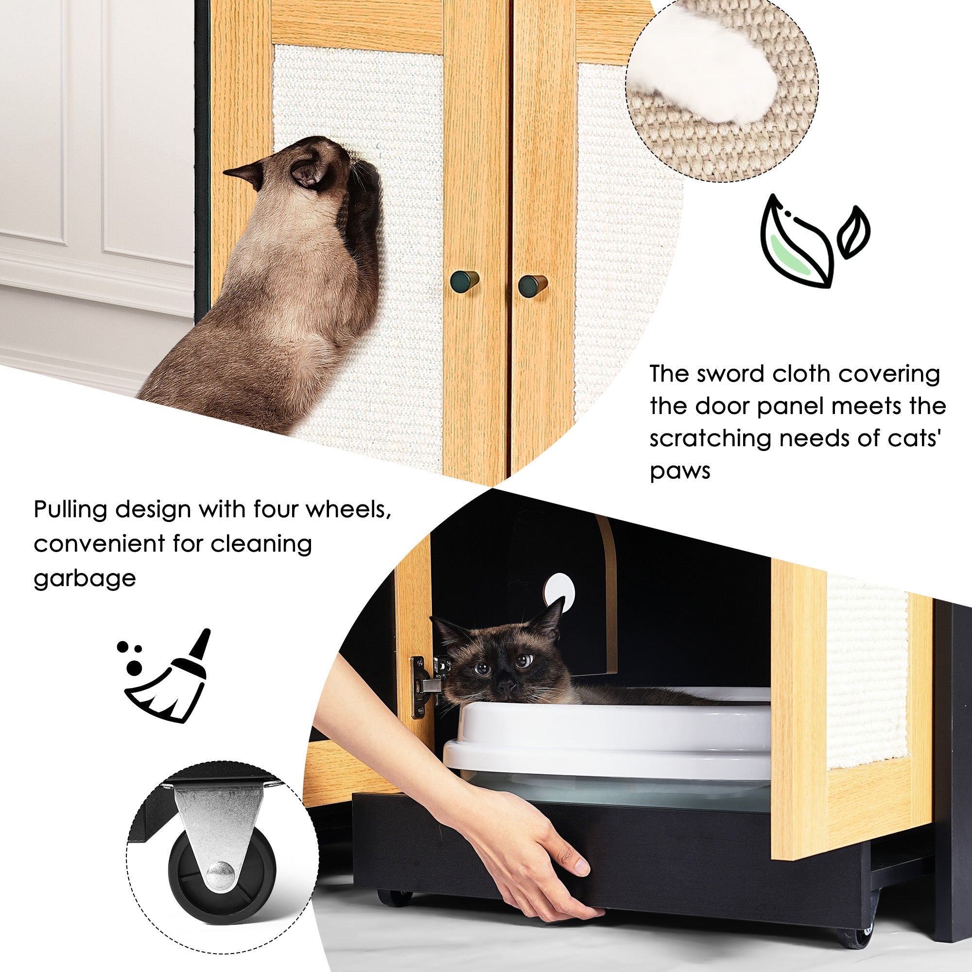 Black Double Litter Box Enclosure with Rattan Doors