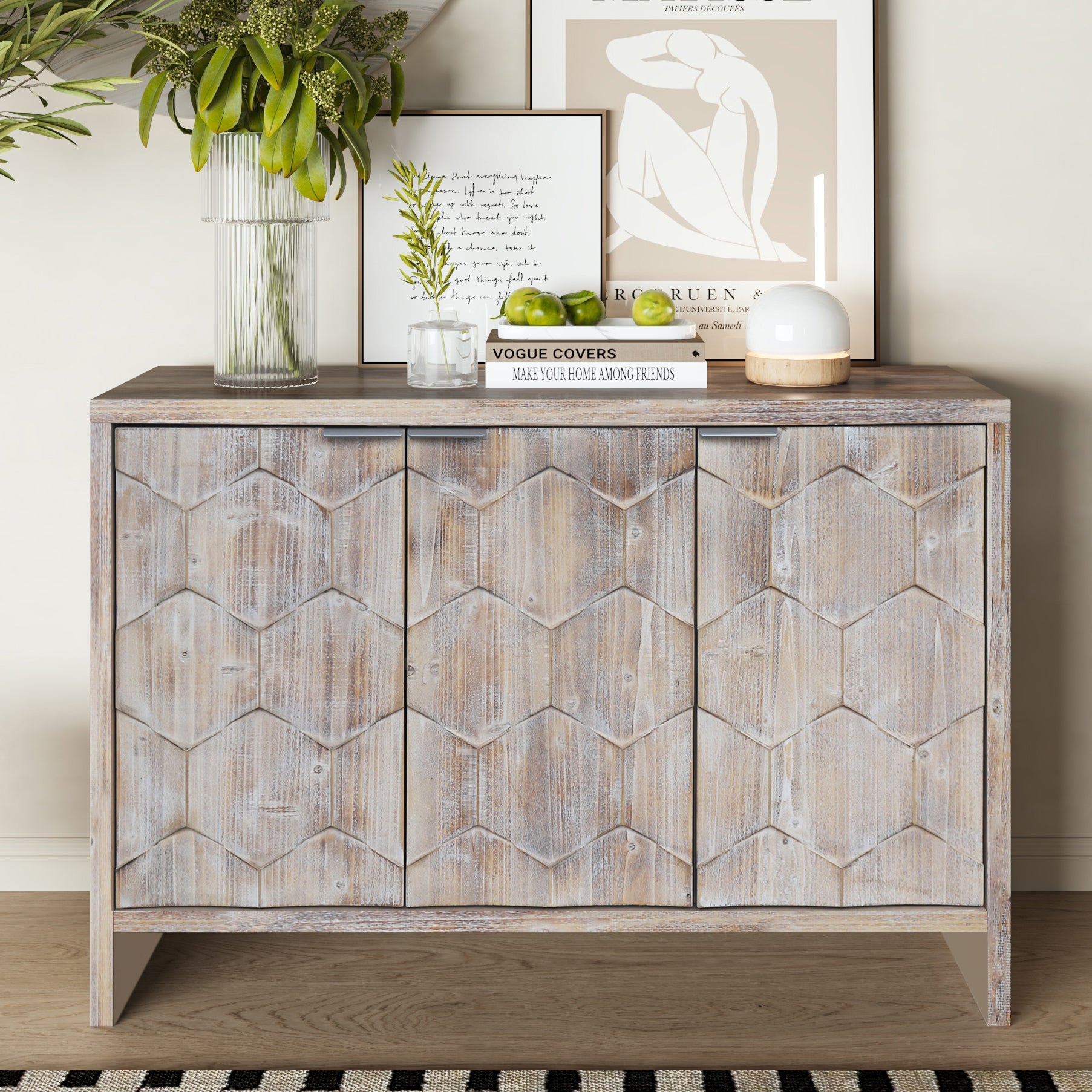 Farmhouse 3 Door Wooden Sideboard Cabinet Storage Natural Wood