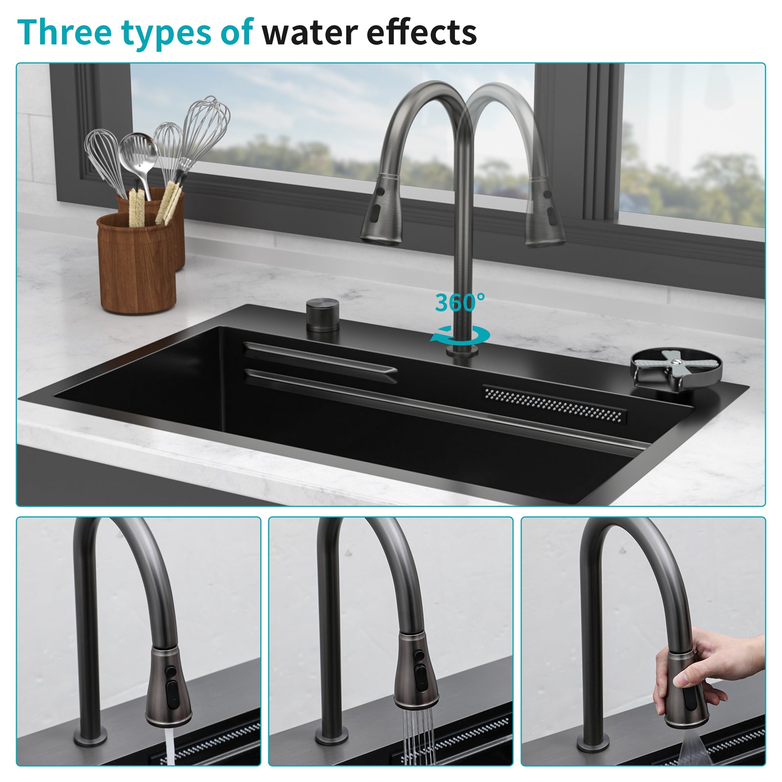 Gunmetal Black Waterfall Kitchen Sink 31.5" Pull-Out Faucet
