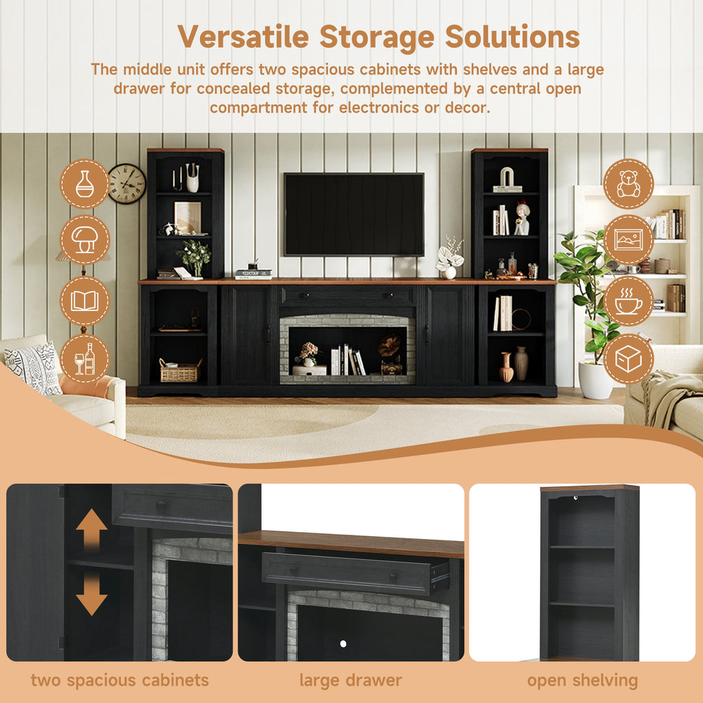 TV Stand 3-Piece Set MDF Walnut Gray Curved Cabinets Fits 70 In TV 109 In