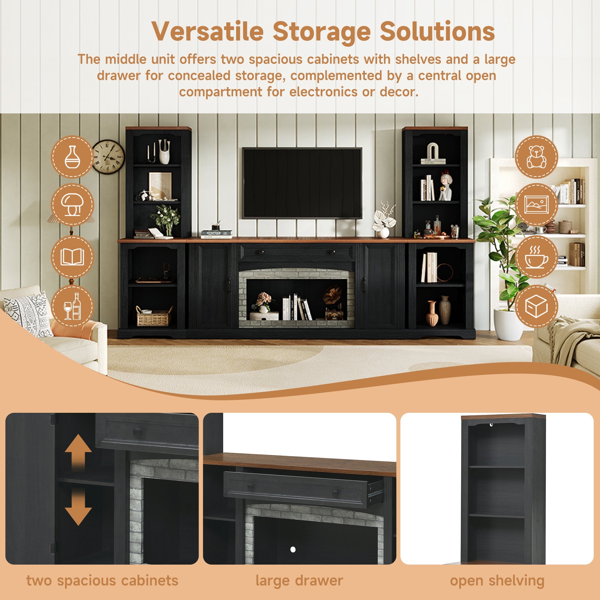 TV Stand 3-Piece Set MDF Walnut Gray Curved Cabinets Fits 70 In TV 109 In