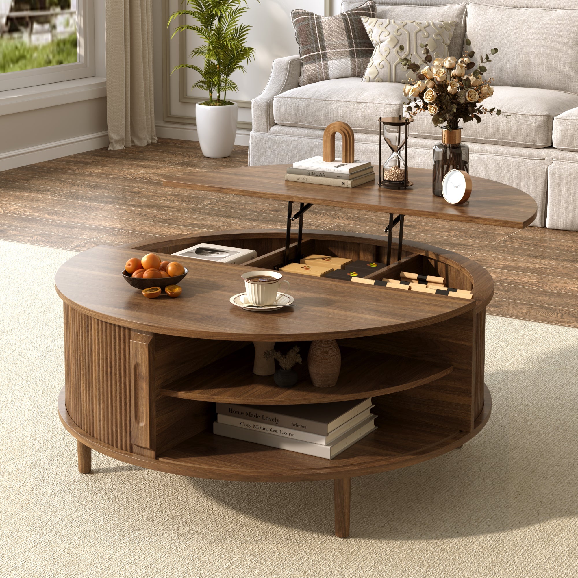 Round Lift-Top Coffee Table with Hidden Storage Sliding Door