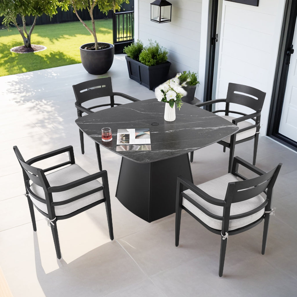 5-Piece Outdoor Dining Set 44" Sintered Stone Table Armchairs
