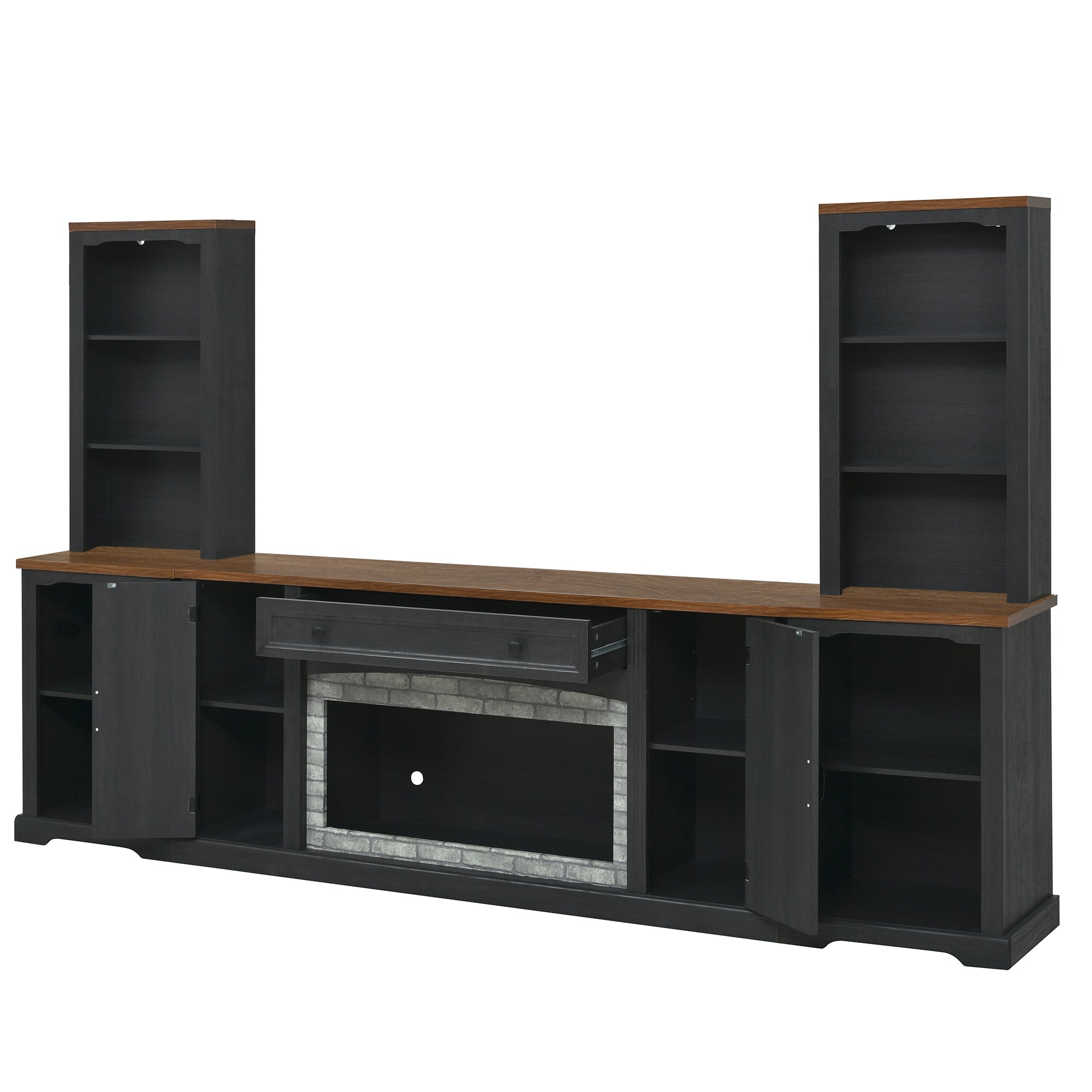 TV Stand 3-Piece Set MDF Walnut Gray Curved Cabinets Fits 70 In TV 109 In