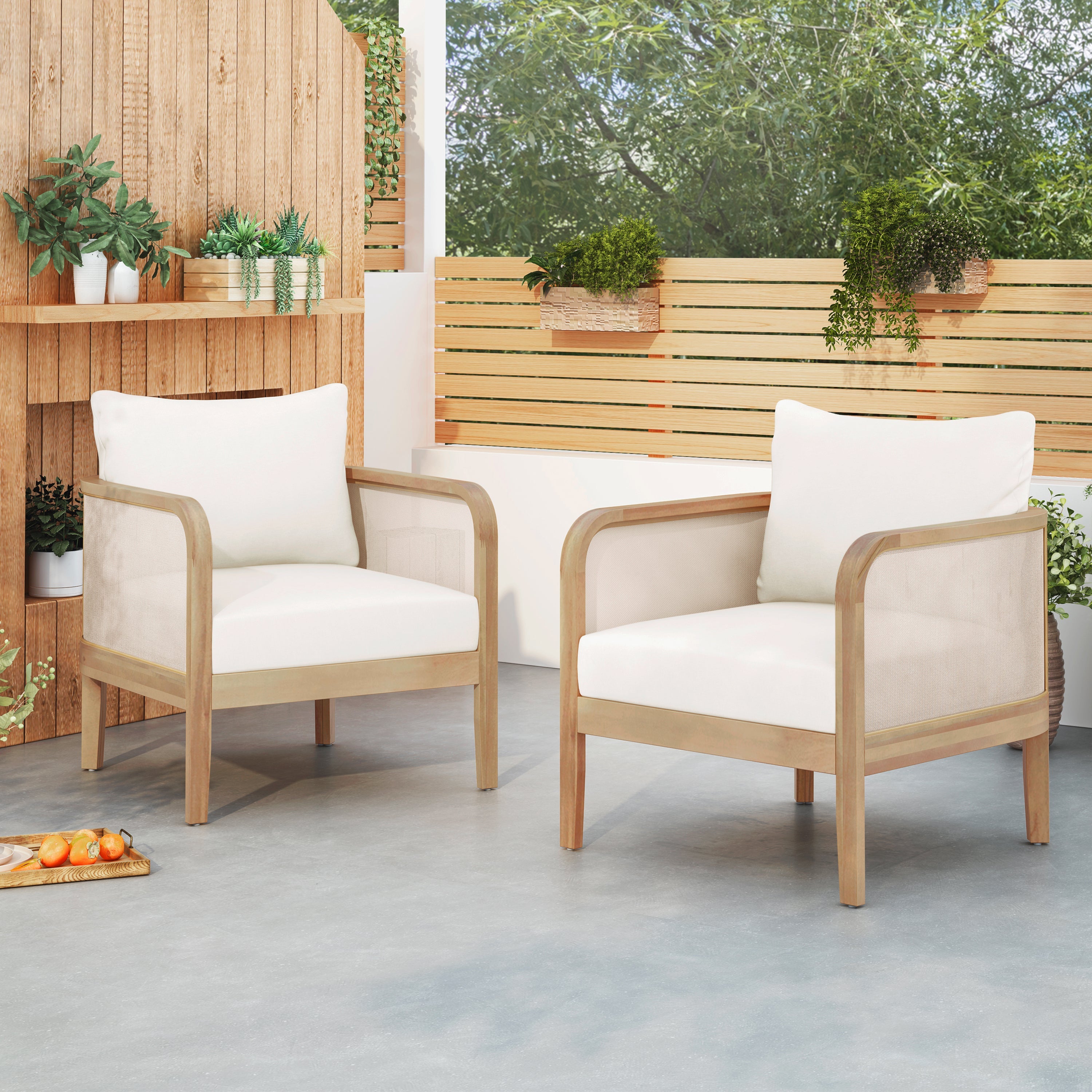 (Set of 2) Outdoor Acacia Wood Patio Club Chair, Textilene Patio Furniture