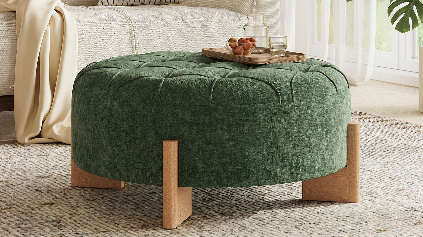32' Round Tufted Ottoman with Solid Wood Legs, Chenille Fabric Footrest