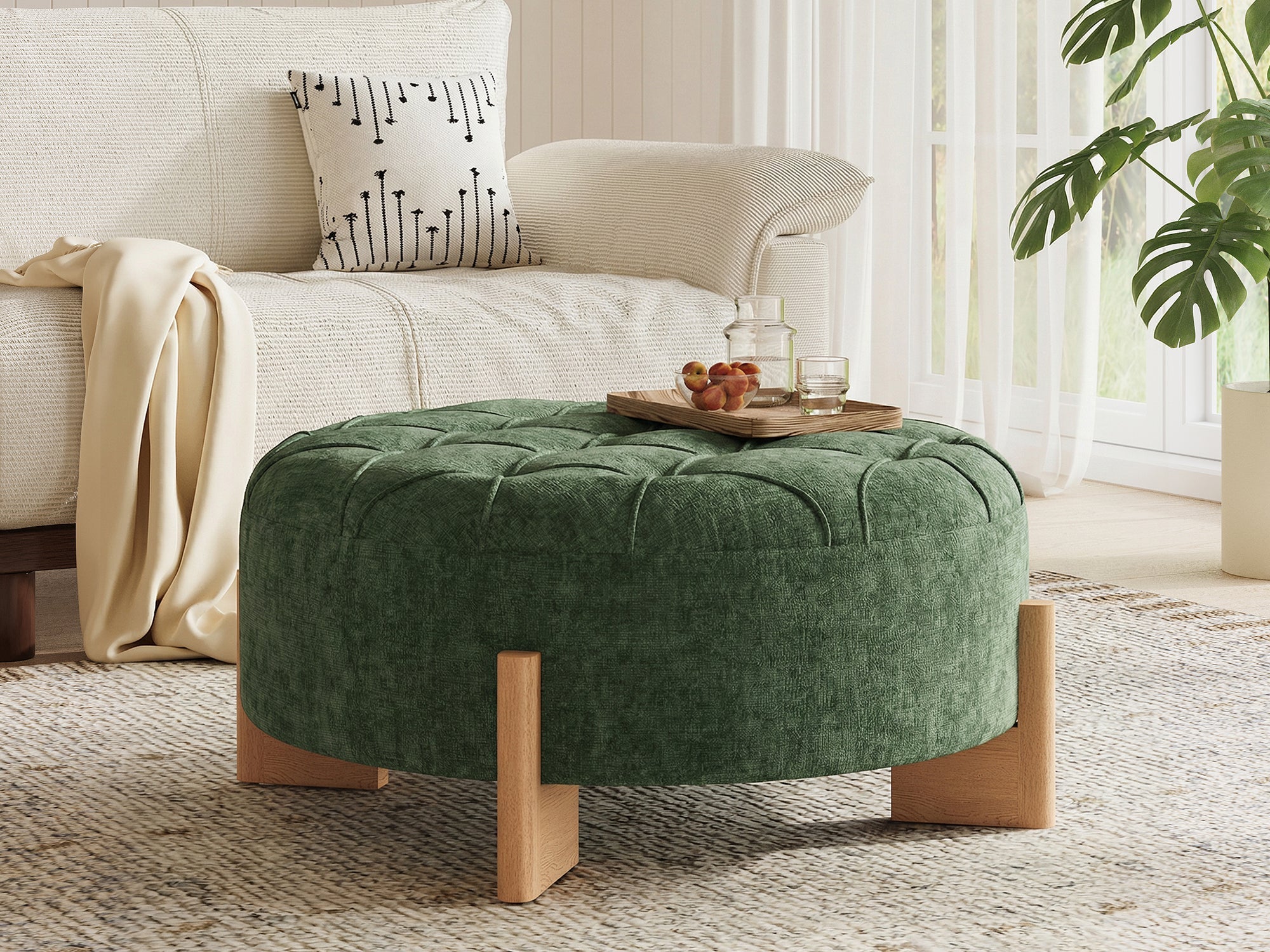 32' Round Tufted Ottoman with Solid Wood Legs, Chenille Fabric Footrest
