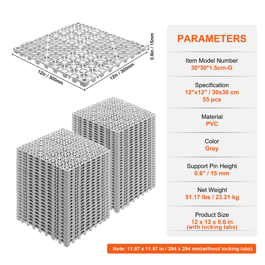 Interlocking Drainage Floor Tiles 12" x 12" Grey 55pc Set