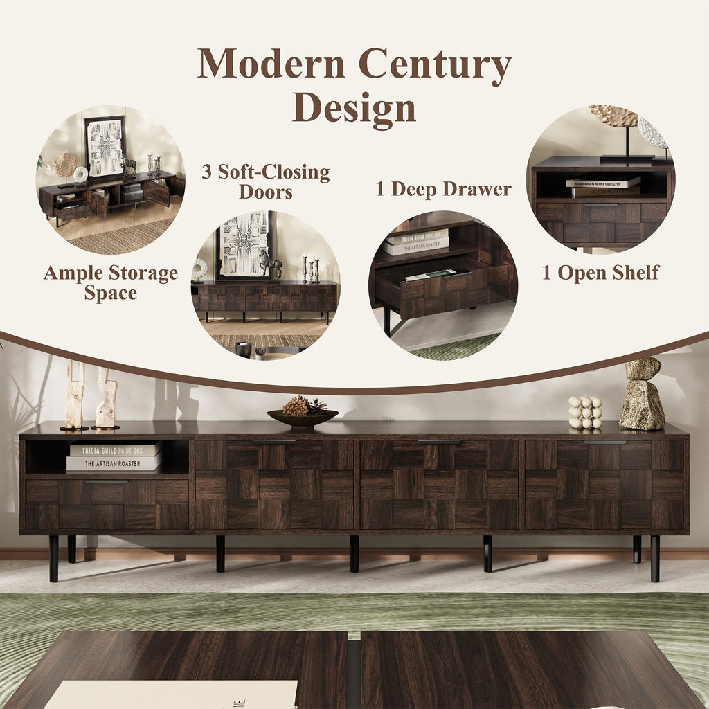 TV Stand Mid-Century Walnut MDF Soft-Close Doors Fits 85 In TV 78.7 In