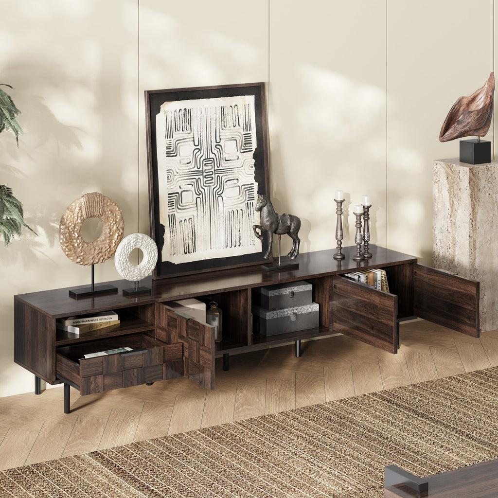 TV Stand Mid-Century Walnut MDF Soft-Close Doors Fits 85 In TV 78.7 In