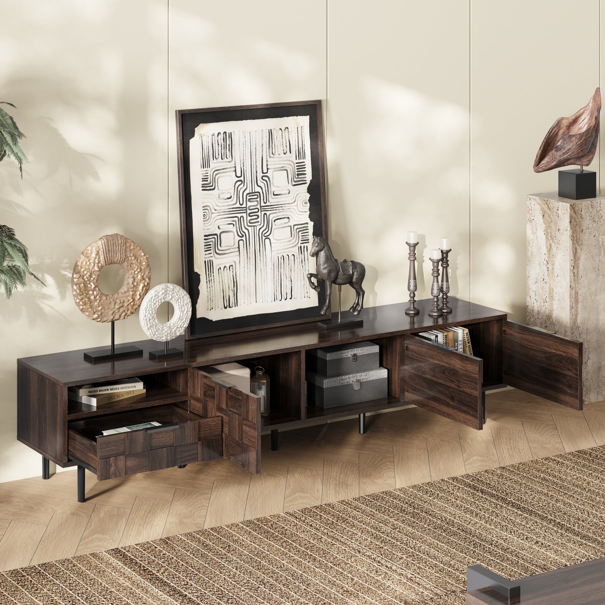 TV Stand Mid-Century Walnut MDF Soft-Close Doors Fits 85 In TV 78.7 In