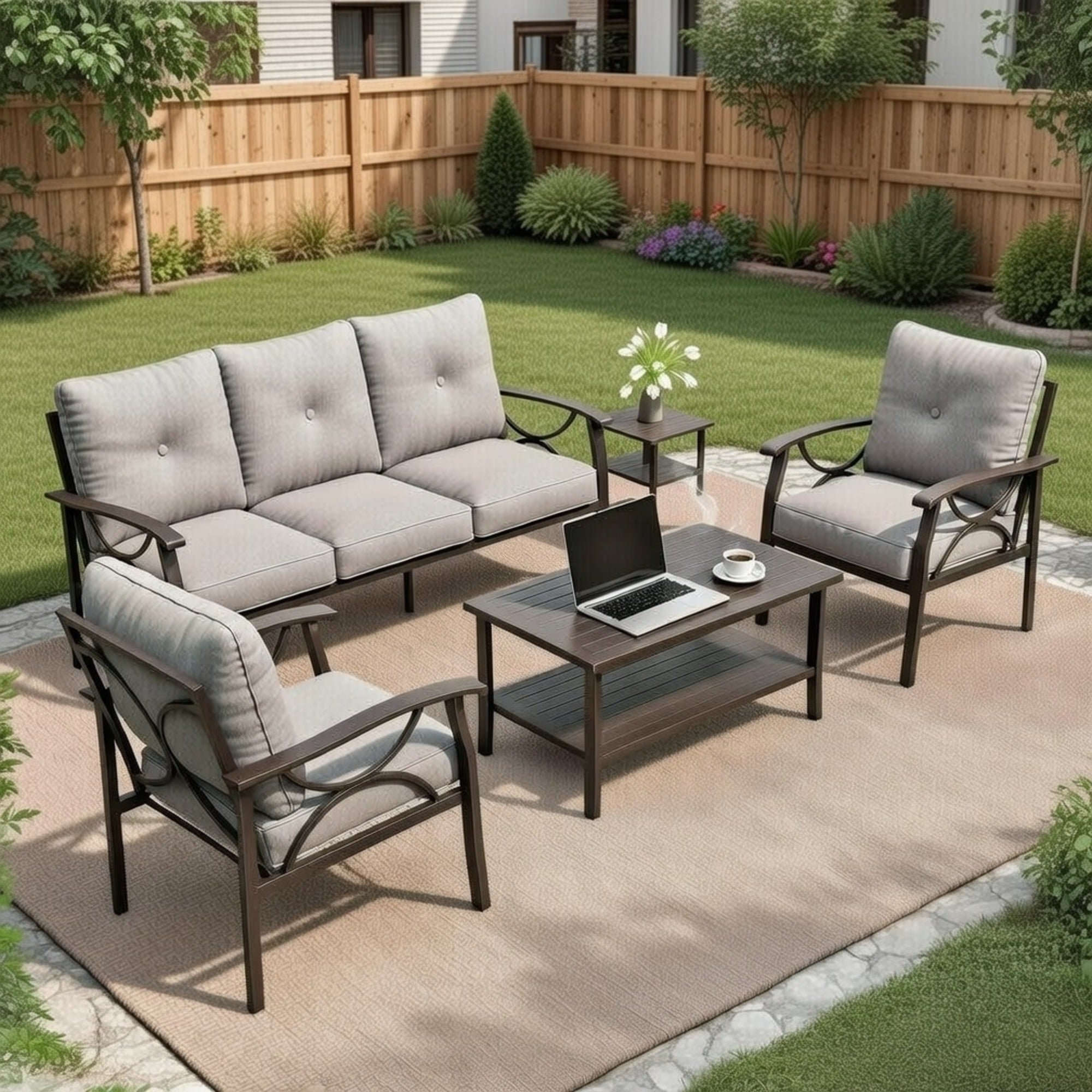 Outdoor Patio Set Steel 5 Piece Khaki Gray Cushions