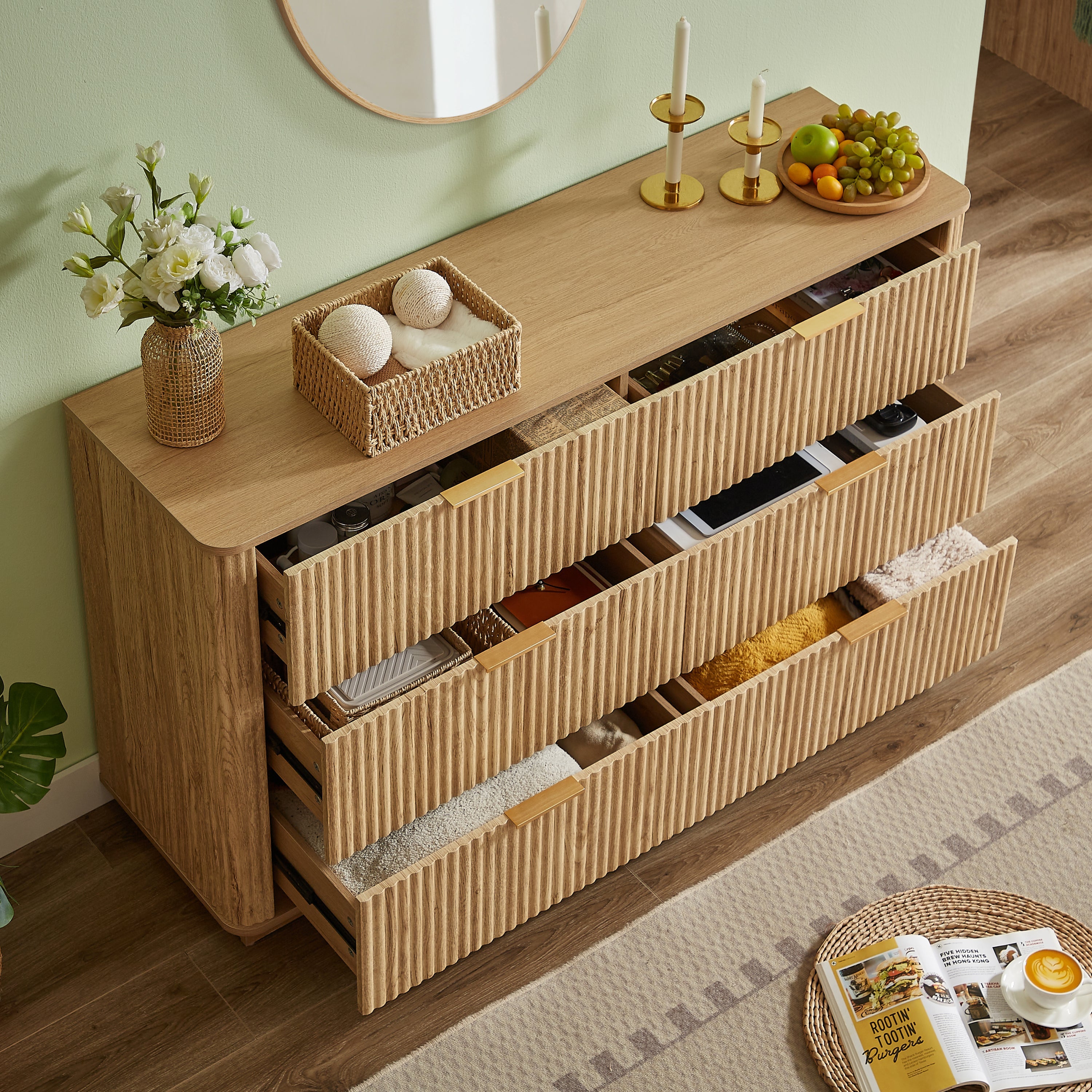 6 Drawer Dresser 55"W Curved Wave Design Walnut Wood